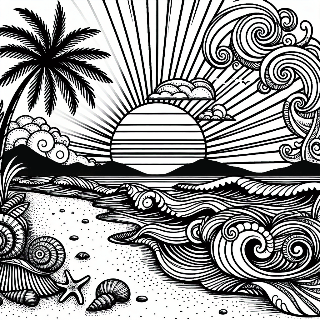 Additional beach sunset coloring page 1