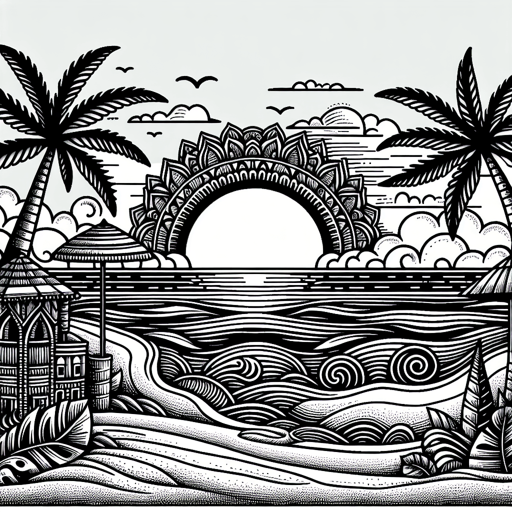 Additional beach sunset coloring page 2