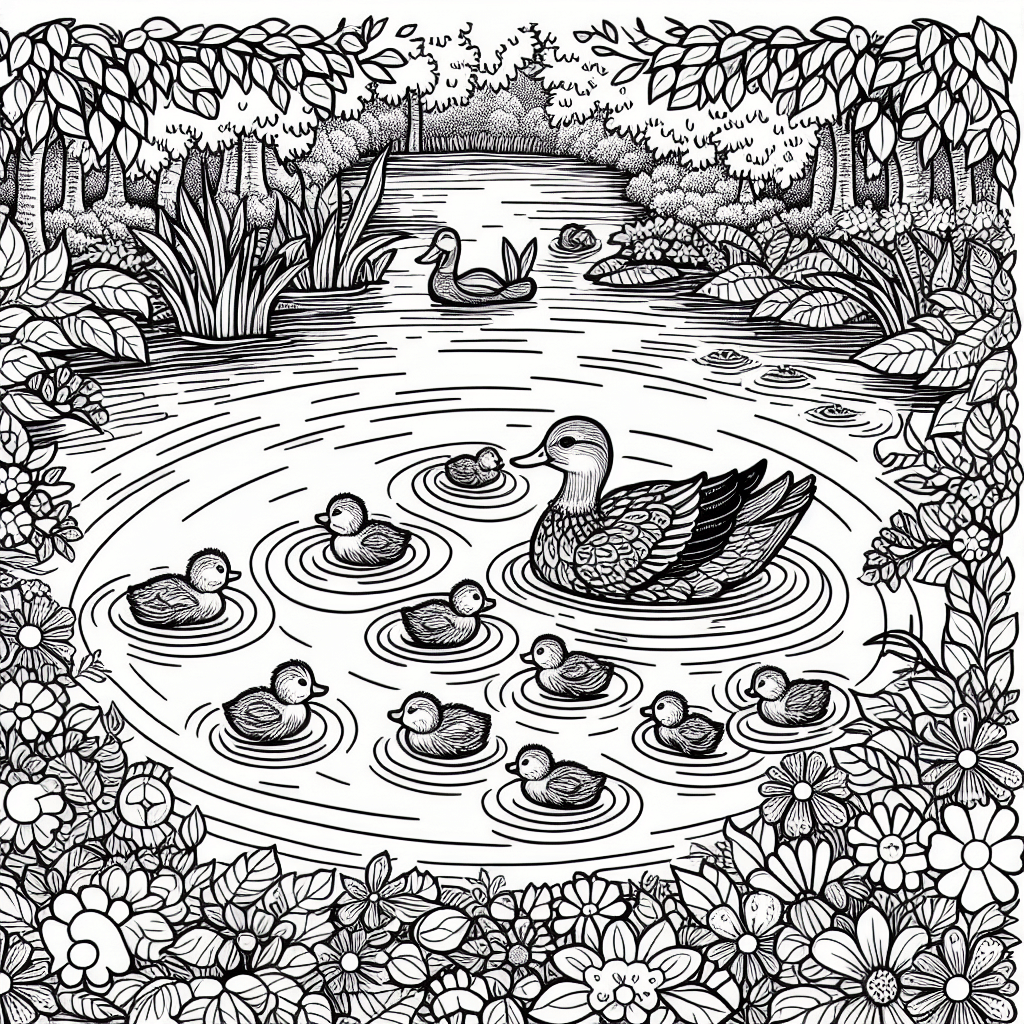 Additional cute duck pond coloring page 2