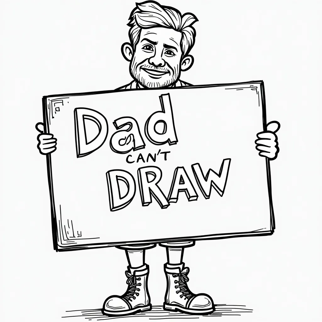 a coloring page of a man holding a sign that says Dad Cant Draw