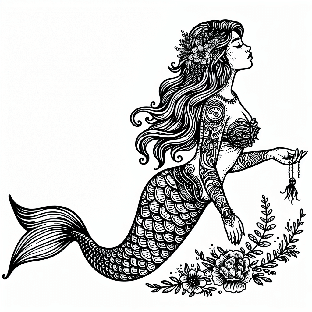 Additional detailed mermaid coloring page 1