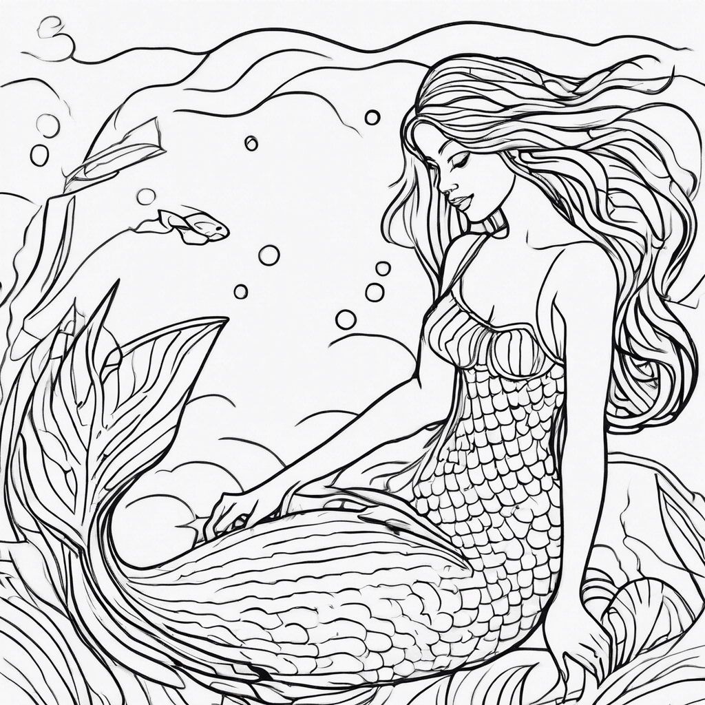 Additional detailed mermaid coloring page 2