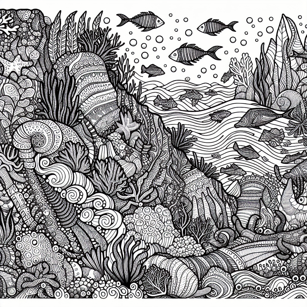 Additional intricate ocean scene coloring page 1