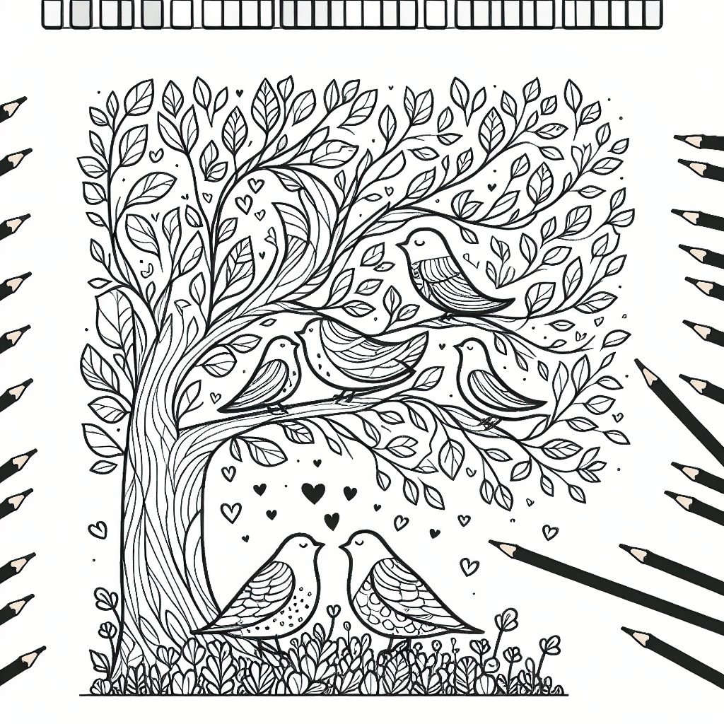 Additional love birds tree coloring page 1